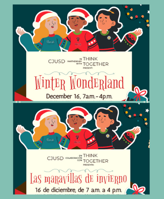  Drawing of children with "winter wonderland" and Dec. 16 date, 7 a.m. - 4 p.m.n English and Spanish